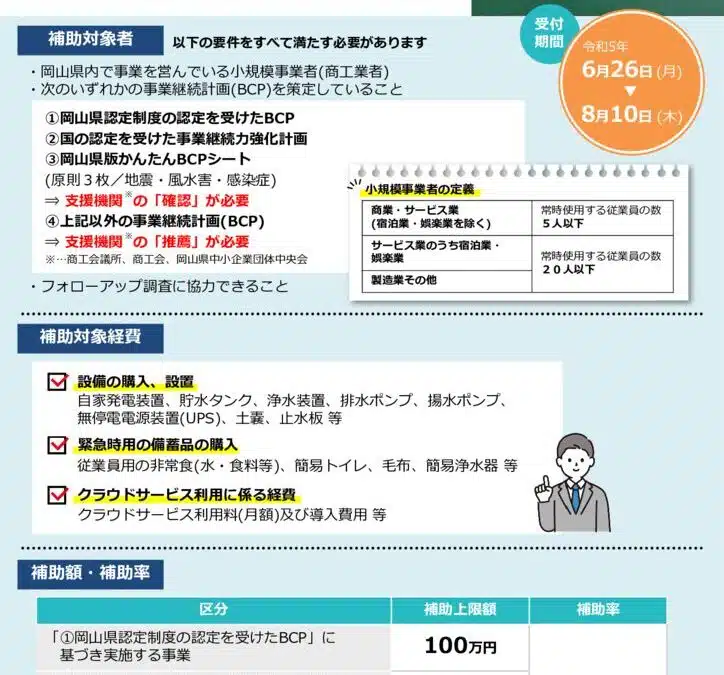 岡山県小規模事業者事業継続力強化補助金(BCP補助金)について