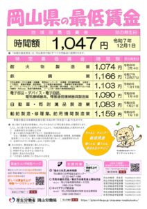 岡山県特定最低賃金（６業種）改定のお知らせ